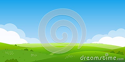 Summer landscape background. Field or meadow with green grass, flowers and hills. Horizon line with blue sky and clouds. Vector Illustration